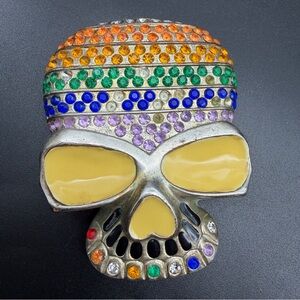 Colorful Skull Head Metal Belt Buckle W/Rhinestones Silver 3.5” X 2.5”